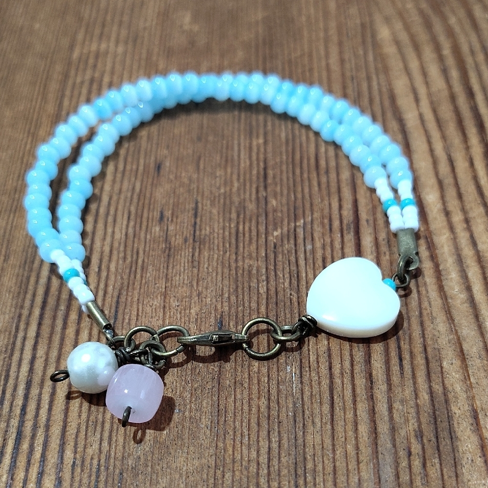 Ladies Double Strand Beaded Bracelet, Baby Blue Bracelet/Handmade Bracelet